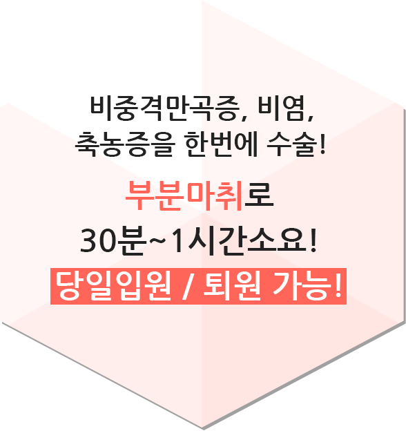 비중격만곡증, 비염, 축농증을 한번에 수술! 부분마취로 30분~1시간소요! 당일입원 / 퇴원 가능!