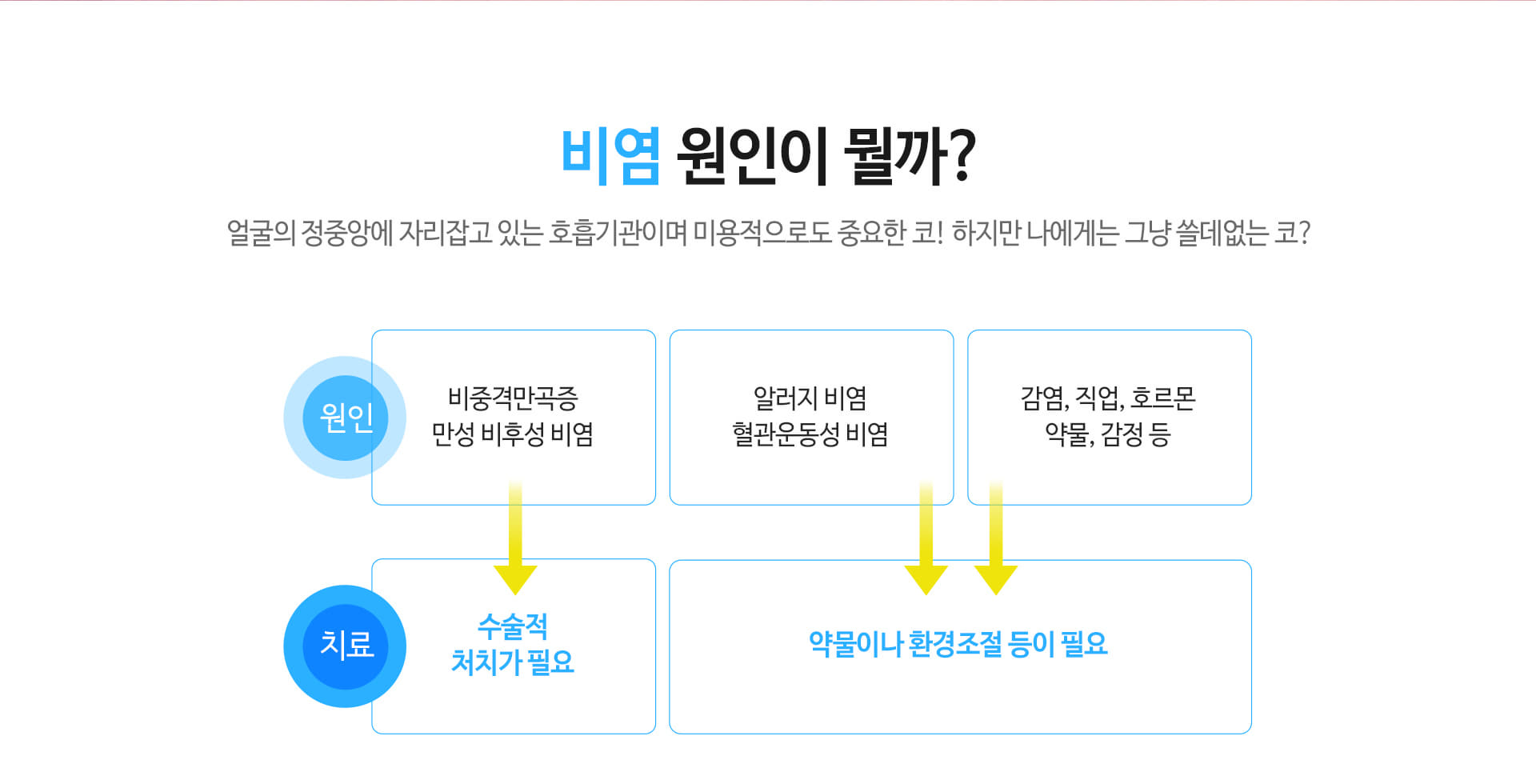 비염 원인이 뭘까? 얼굴의 정중앙에 자리잡고 있는 호흡기관이며 미용적으로도 중요한 코! 하지만 나에게는 그냥 쓸데없는 코? 원인 비중격만곡증, 만성 비후염 비염, 알러지비염, 혈관운동성 비염, 감염, 직업, 호르몬, 약물, 감정 등 치료 수술적 처치가 필요, 약물이나 환경조절 등이 필요