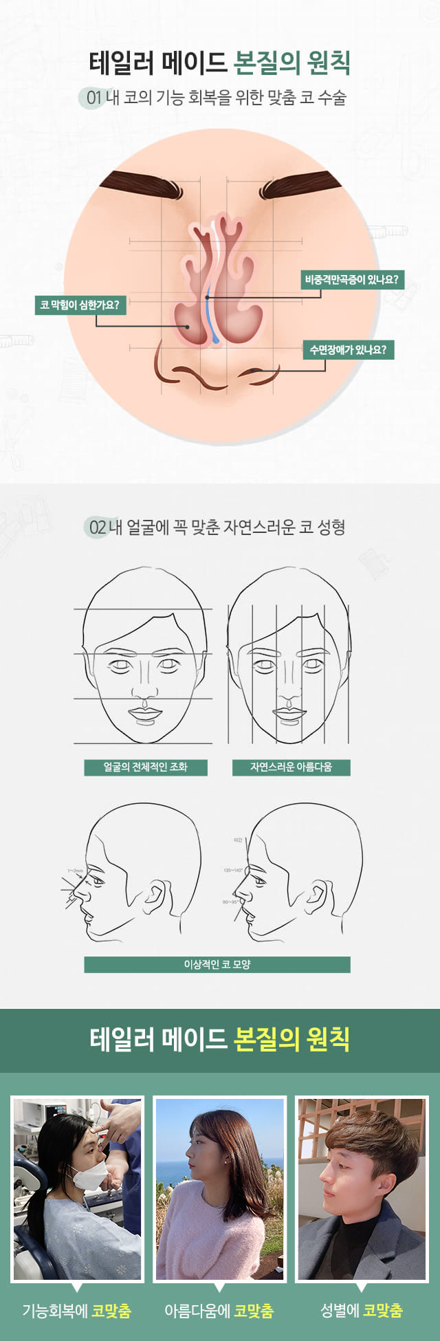 테일러 메이드 본질의 원칙 01 내 코의 기능 회복을 위한 맞춤 코수술 비중격만곡증이 있나요? 코 막힘이 심한가요? 수면장애가 있나요? 02 내 얼굴에 꼭 맞춘 자연스러운 코 성형 얼굴의 전체적인 조화 자연스러운 아름다움 이상적인 코 모양 테일러 메이드 본질의 원칙 기능회복에 코 맞춤 아름다움에 코 맞춤 성별의 코 맞춤