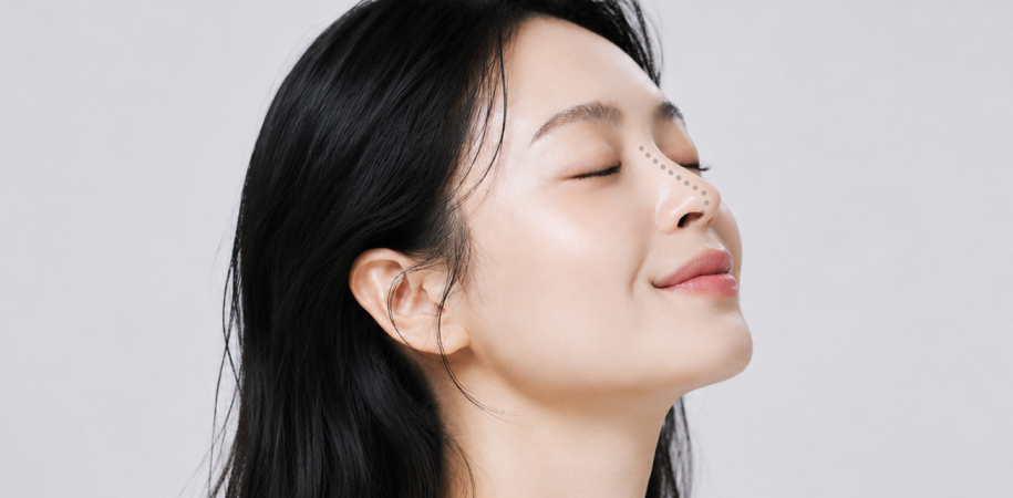 여자 코성형의 부드러운 곡선 코 라인을 보여주는 여성 옆모습