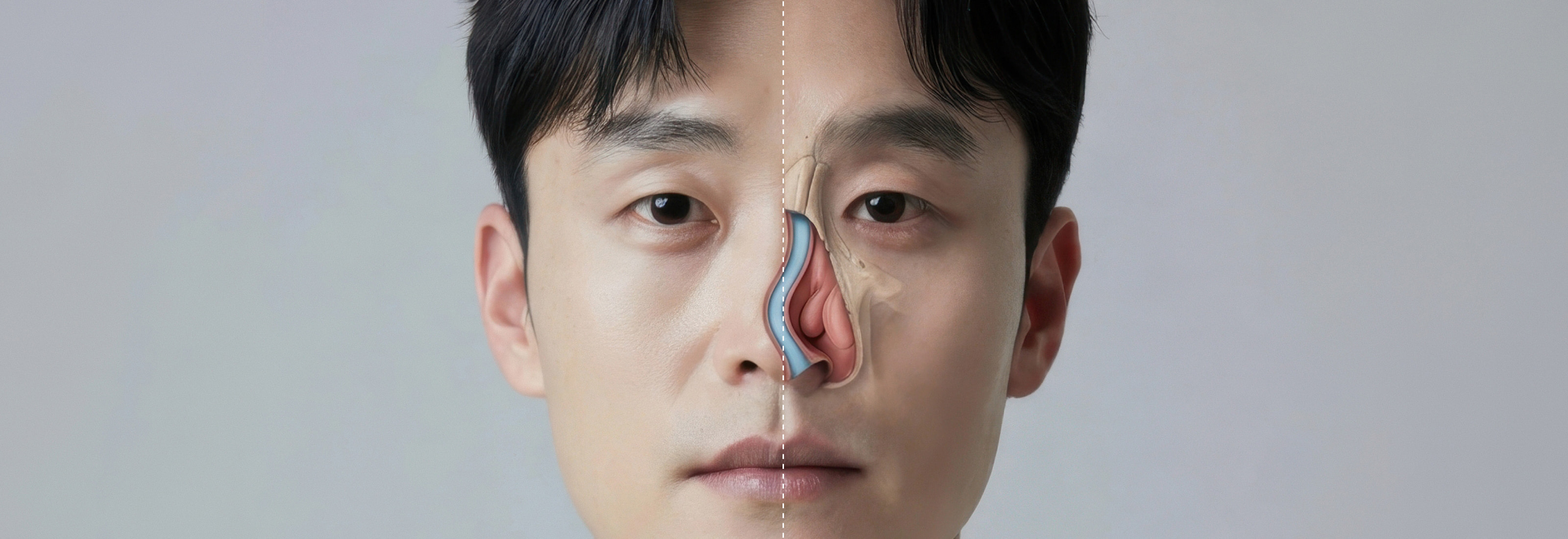 비중격만곡증 얼굴 정면과 휘어진 비중격 단면을 겹쳐 보여주는 그래픽